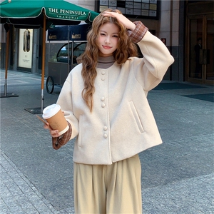 有货~带包包奶杏色圆领短款毛呢外套2C118-M858-P180控268图片