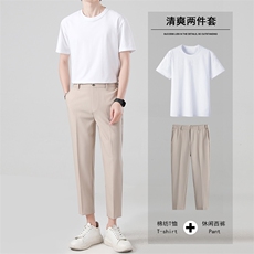 夏季九分西裤男长裤修身韩版港风休闲裤短袖衬衫纯棉套装两件套潮，男装休闲套装，星座505-2（原电商A260-1)