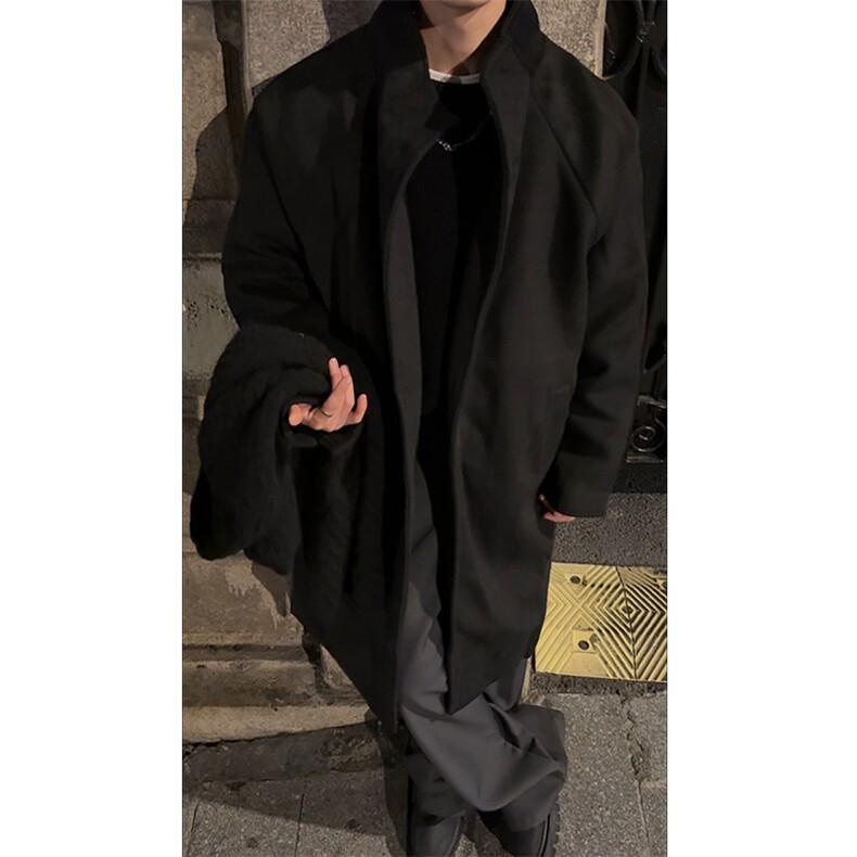 黑色重磅立领过膝毛呢大衣秋冬加厚加棉中长款呢子风衣-1177特P95,男装风衣,电商B289