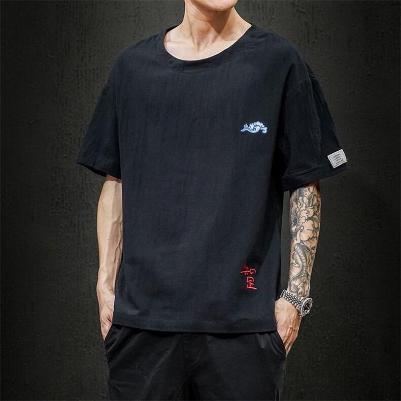 2021夏季新马切达日系大码男风刺绣棉麻亚麻短袖T恤T185-P30,男装T恤,电商A001
