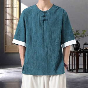 男士衬衫五分袖衬衣中袖印花圆领唐装风 XZ1512-2612-P40图片