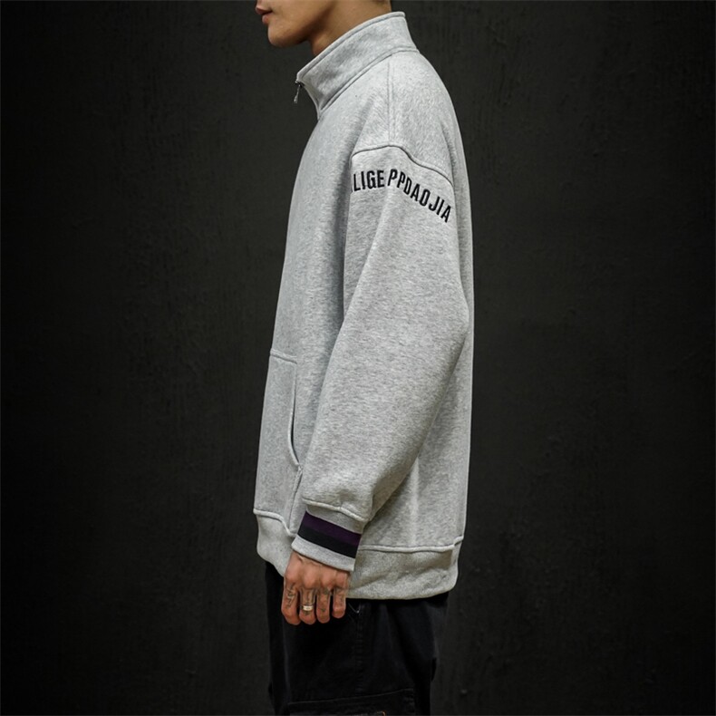 2019冬季新日系黑墙大码宽松刺绣立领拉链加绒加厚卫衣男W657-P60,男装卫衣,电商A001