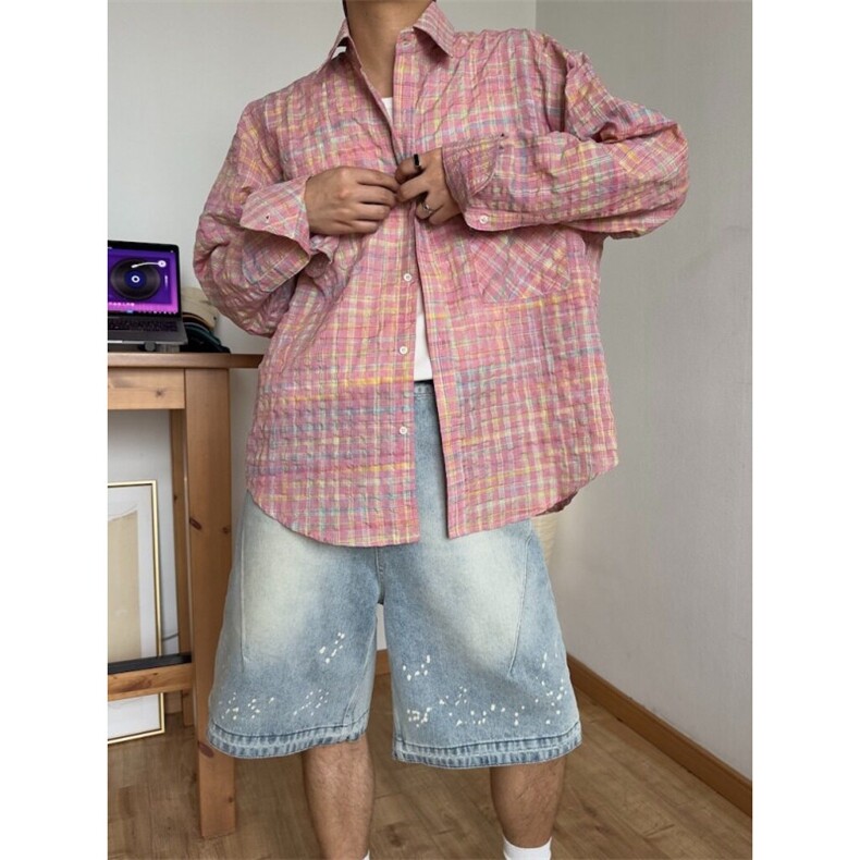 街头宽松廓形粉色格子衬衫男休闲衬衣情侣长袖外套潮GA155-P42,男装衬衫,星座208-5