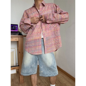街头宽松廓形粉色格子衬衫男休闲衬衣情侣长袖外套潮GA155-P42