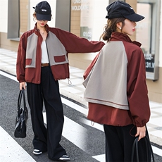 促销2025春季时髦休闲通勤气质宽松百搭撞色抽绳立领夹克短外套，女装短外套，超帛