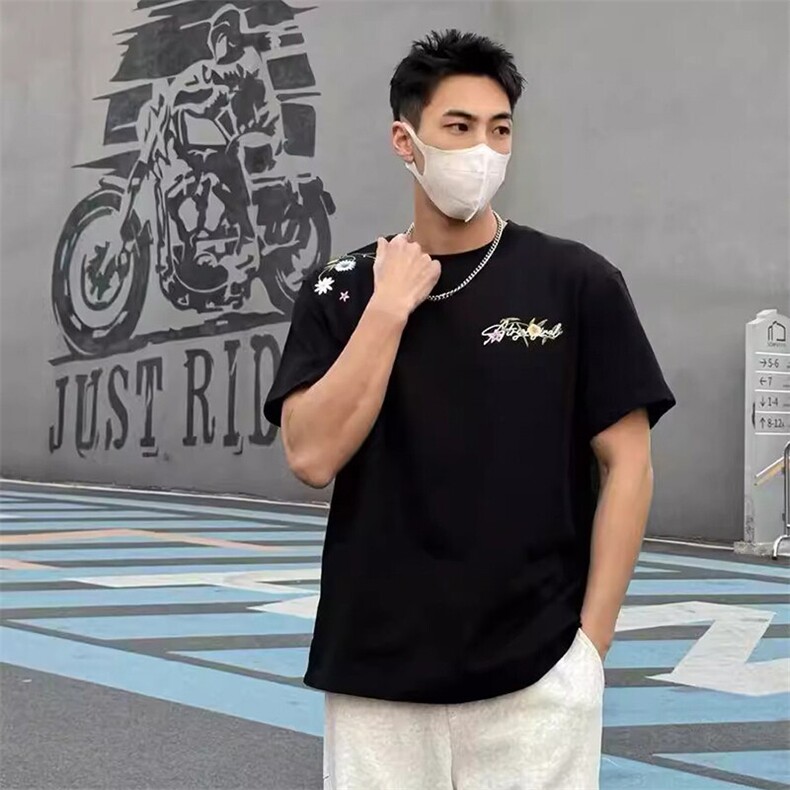 万针全刺绣工艺抖音得物高品质260克重磅纯棉双纱美式高街短袖T恤,男装T恤,电商A486