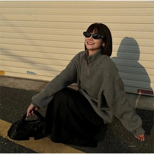 抖音得物 保暖立领拉链针织外套秋冬宽松慵懒风纯色毛衣上衣AM01图片