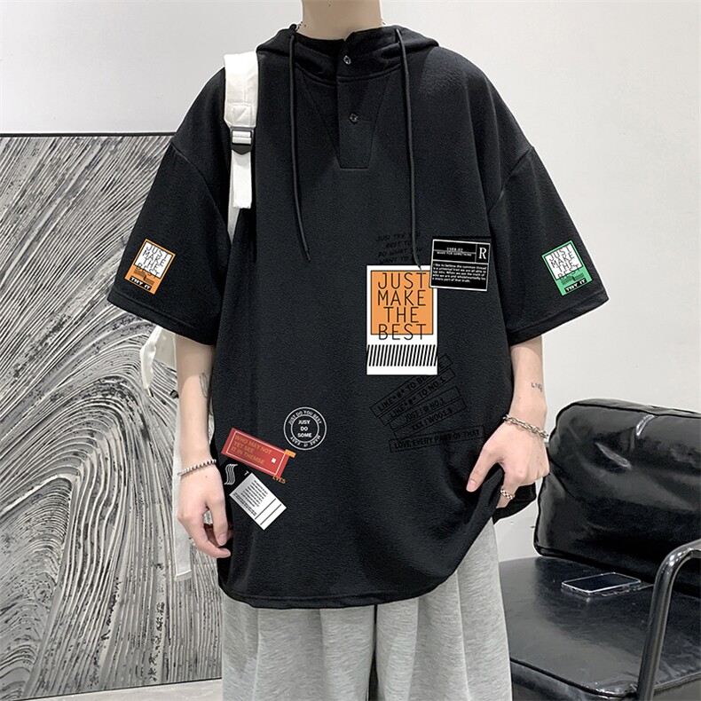 LD54121-P45连帽短袖t恤男大码胖子带帽五分袖中袖大皂风,男装T恤,电商A040