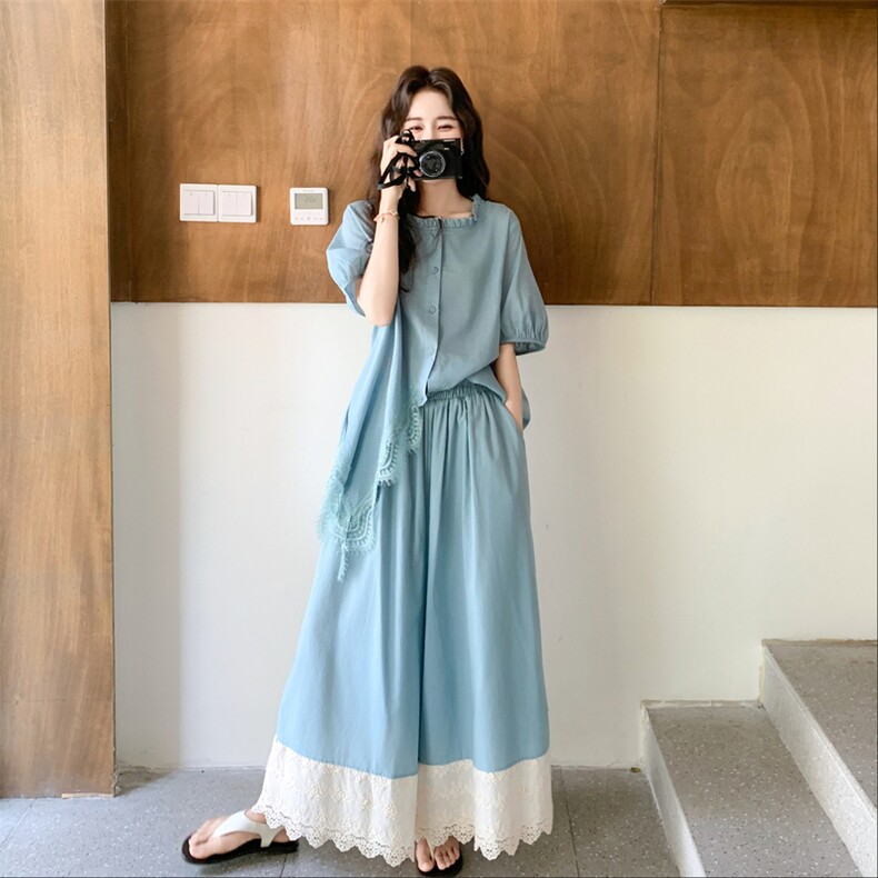 复古蓝色衬衫套装女2025夏新款棉麻宽松时尚蕾丝拼接阔腿裤两件套图片