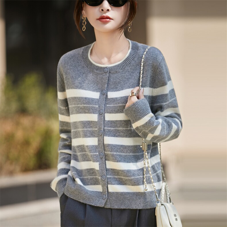 学院风条纹针织开衫女2025新款长袖法式复古撞色毛衣外套减龄上衣，女装针织衫/毛衣，昭美羊绒