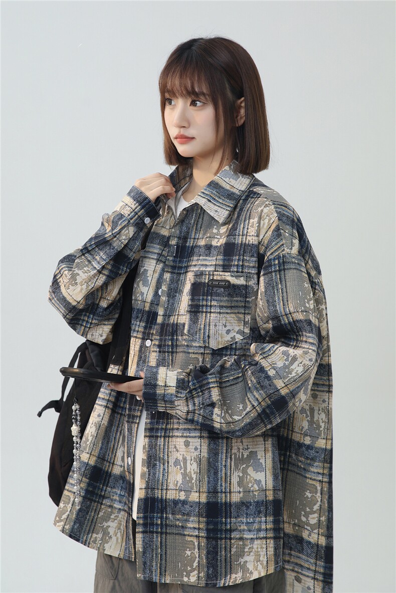 XZ-230-1CS239春新款中性风宽松简约扎染格子休闲长袖衬衫P50控68,男装衬衫,星座230-1