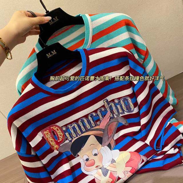 条纹印花短袖t恤女2025新款夏季时尚宽松百搭，女装T恤，沐策羊绒