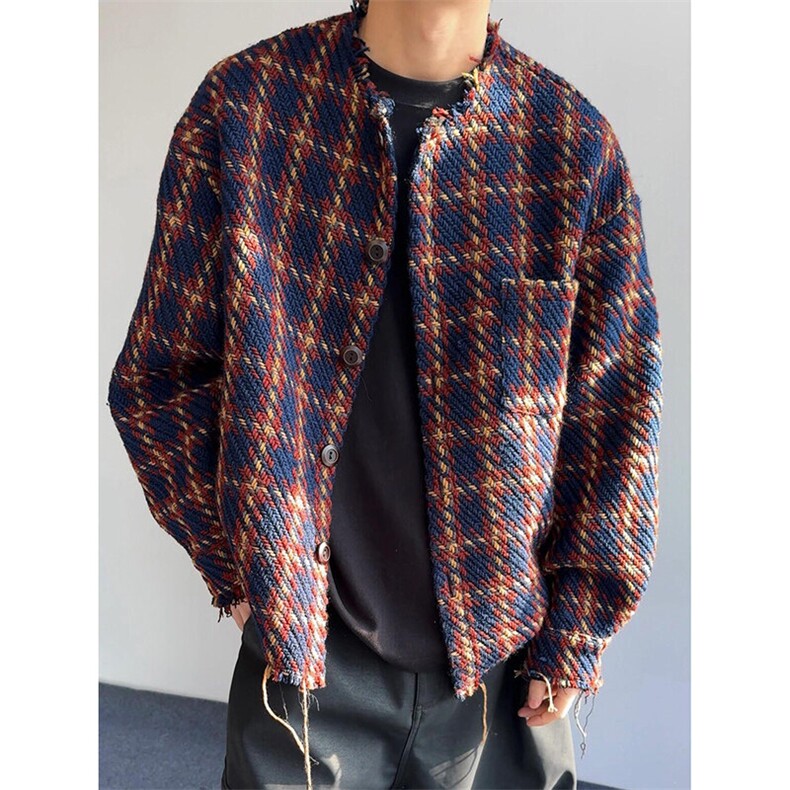 【备货1000件】重磅编织格子格纹毛边宽松呢料夹克外套，男装夹克，星座617C