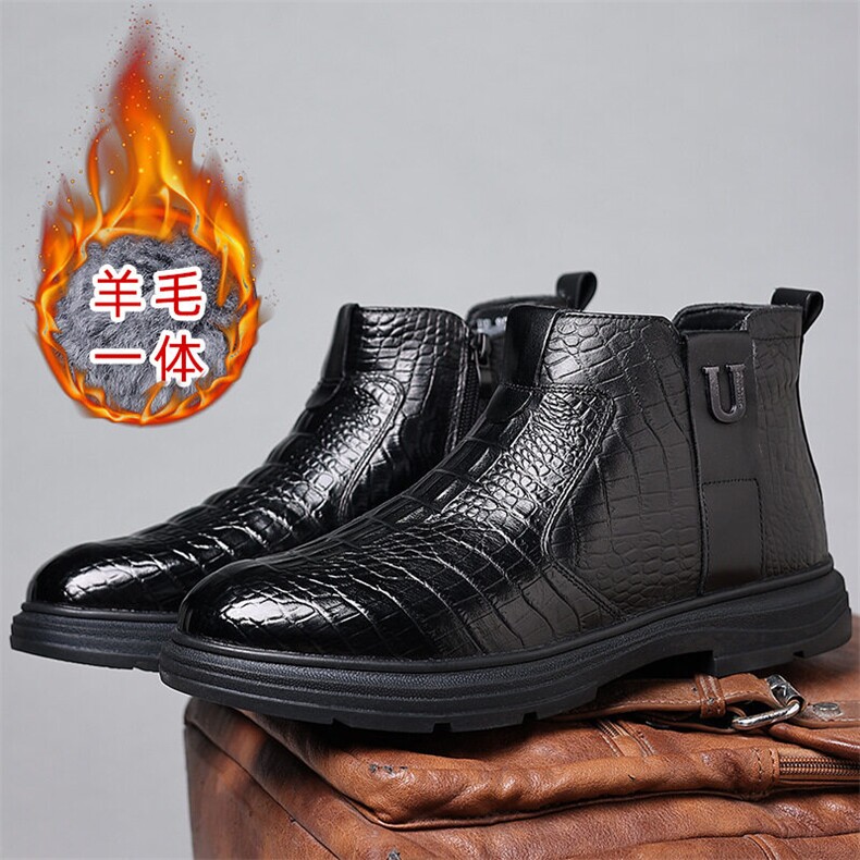 X4565-265冬季加绒男头层牛皮商务棉靴鳄鱼纹羊毛棉皮鞋,男装卫衣,星座1407-3
