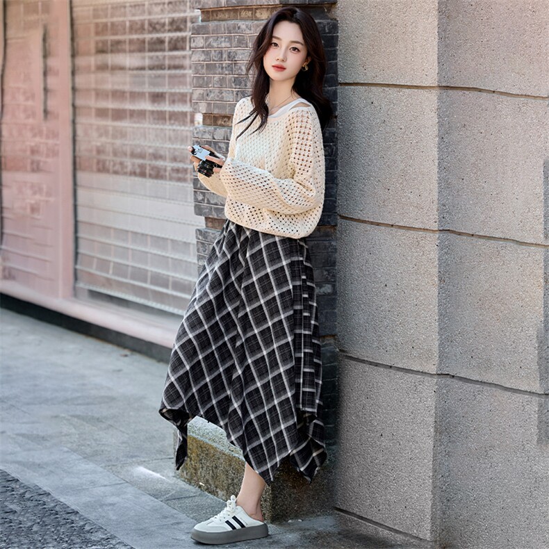 套装女2025秋季新款时尚气质镂空圆领长袖上衣半身裙两件套,女装套装/套裙,天丝秀