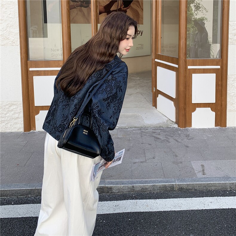 休闲蓝色碎花洋气百搭翻领短外套女春秋2025新款小个子夹克巨好看,女装短外套,2C057