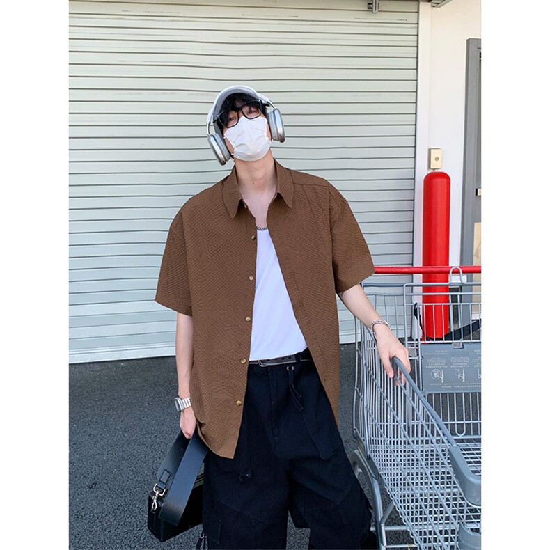 美式潮牌褶皱肌理短袖衬衫男百搭小众通勤衬衣DC2227-特价P30,男装T恤,电商A007
