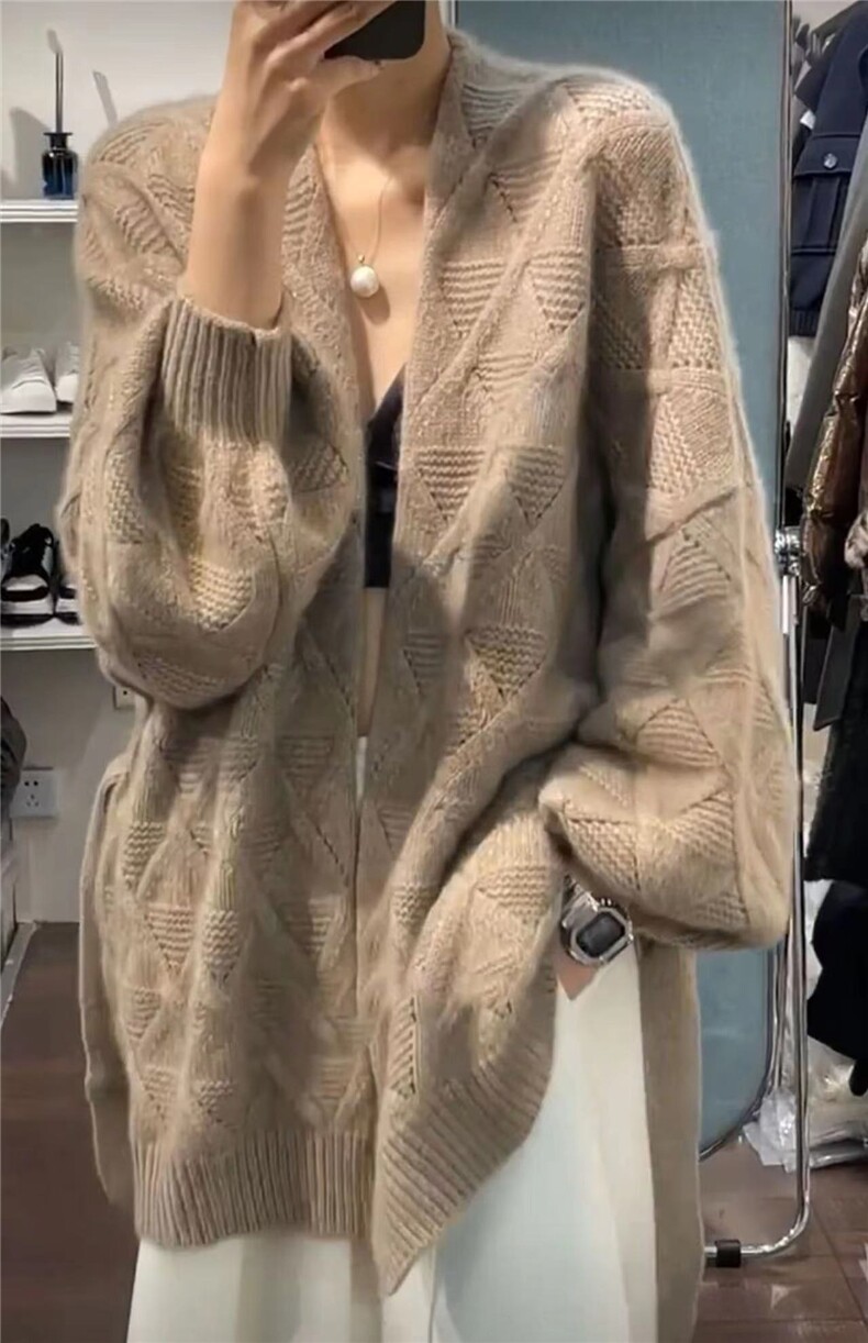 时尚女装宽松长款羊毛开衫优雅百搭针织外套舒适保暖秋冬季必备，女装羊毛衫，梵泰羊绒