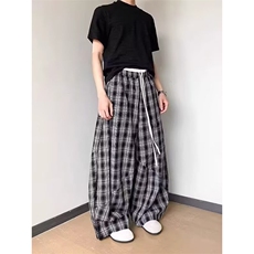 美式复古格纹双腰头拼接休闲裤女春季宽松显瘦慵懒感直筒百搭长裤，男装休闲裤，四季星座505