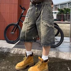 休闲美式复古做旧废土风毛边流苏水洗牛仔短裤男女休闲百搭七分裤，男装牛仔裤，星座506A