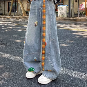 港风秋款男女牛仔裤刺绣涂鸦拼接宽松阔腿长裤送腰带NK512 P55图片