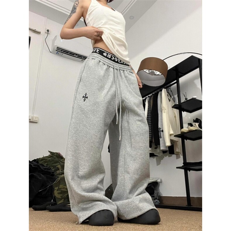 美式哥特风双腰头休闲裤卫裤女秋冬宽松设计感阔腿裤垂感拖地长裤图片