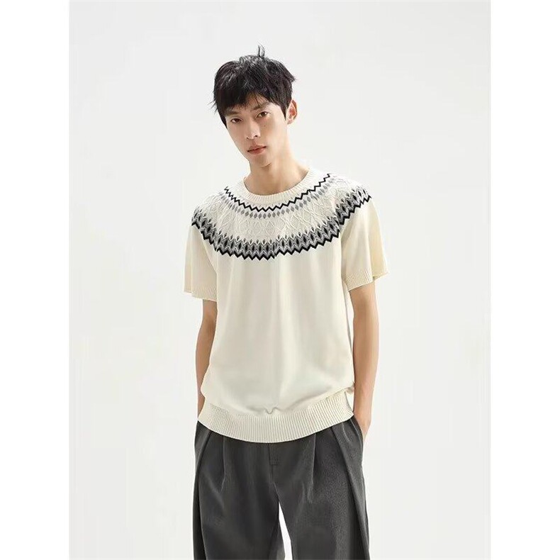 K141流行ins潮流无品牌费尔岛针织短袖男款正肩半袖新款气质慵懒,男装T恤,星座308A-1（原309B-1）