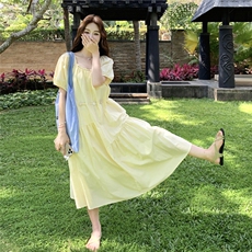 法式温柔风连衣裙女2025夏季新款时尚气质设计感泡泡袖收腰长裙，女装连衣裙，2C090