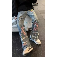 手绘涂鸦弯刀牛仔裤男痞帅炸街裤子美式高街修身微喇裤NA462，男装牛仔裤，星座1116A（原606A-3）