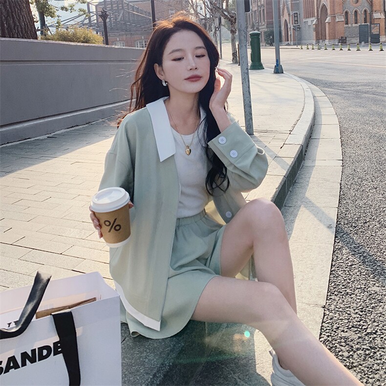 学院风甜美穿搭豆绿色开衫小外套装女2025春秋超火好看短裙两件套,女装套装/套裙,2C088