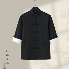 夏唐装风盘扣新中式七分袖棉麻复古居士服茶服GF2503-P60，男装衬衫，星座1105-3