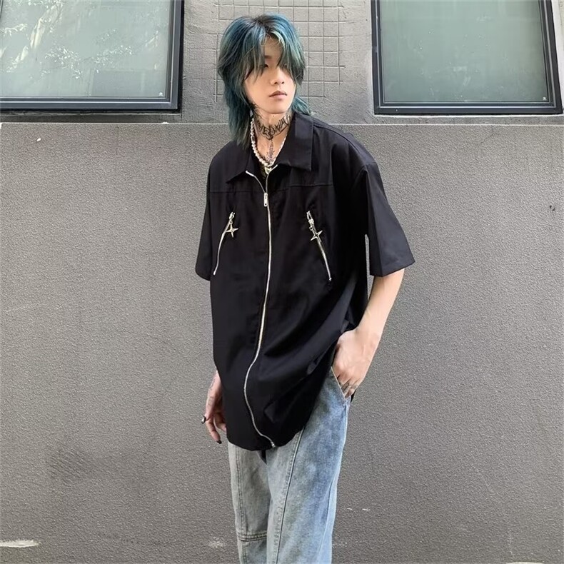 美式复古设计感小众短袖衬衫男女夏季新款衬衣休闲上衣ZC11-p33,男装衬衫,星座1008