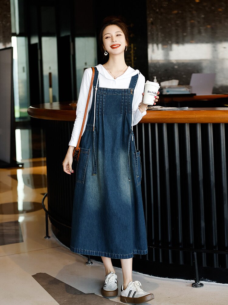 欧洲站高级牛仔裙连衣裙2025春新款减龄休闲宽松背带裙长裙女,女装连衣裙,秋水欣儿