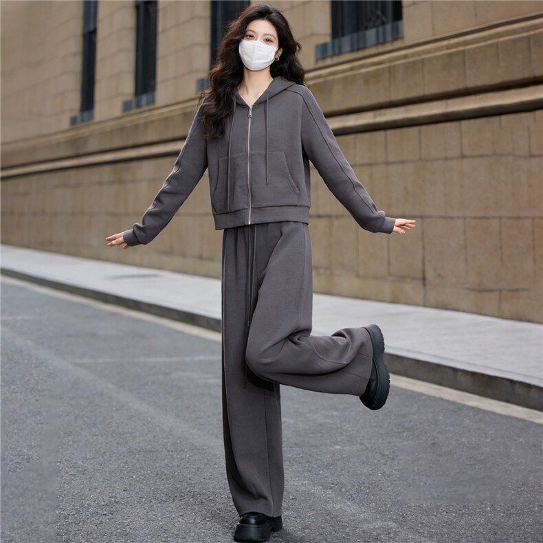 女春款欧货时尚休闲套装灰色连帽开衫上衣宽松软糯阔腿长裤两件套,女装套装/套裙,江南
