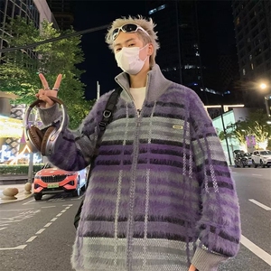 B235-P70 秋冬撞色开衫毛衣男美式复古慵懒风宽松保暖线衣外套图片