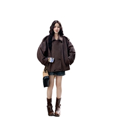 咖色麂皮绒短款风衣外套女2025秋新款韩系复古宽松小个子廓形大衣，女装短外套，浙宝276（原081）
