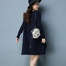 拼接A字型中长款厚长袖2020年冬季件套头低圆领通勤拼色，女装针织衫/毛衣，独衣靓