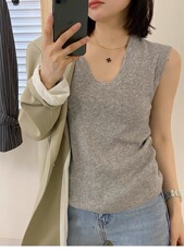 时尚百搭U型领无袖针织衫显瘦修身包肩设计优雅气质女装上衣，女装针织衫/毛衣，恒旺羊绒