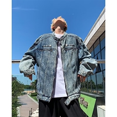美式高街短款牛仔外套男秋季拉链潮牌立领正肩牛仔衣vintage夹克，男装工装外套，星座601-2