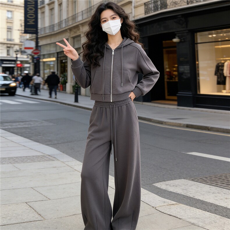女春款欧货时尚休闲套装灰色连帽开衫上衣宽松软糯阔腿长裤两件套,女装套装/套裙,江南