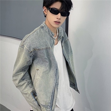 机车风夹克男水洗磨破短款牛仔外套无领拉链秋冬长袖潮，男装工装外套，星座410-6（原星座1304-1）