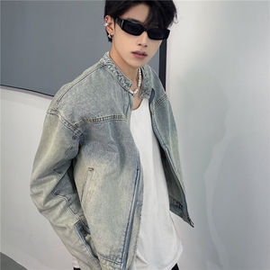 机车风夹克男水洗磨破短款牛仔外套无领拉链秋冬长袖潮图片