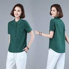 2021短袖立领衬衫T恤夏装新款韩版宽松套头棉麻小衫纯色上衣，女装衬衫，伊满意