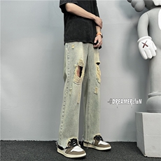 k1019-p50-控78M-5XL抖音美式高阶黄泥破洞拉链宽松大码牛仔裤，男装牛仔裤，星座116