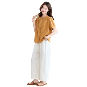 纯棉短袖衬衫女夏季2025年新款中年妈妈宽松休闲减龄百搭圆领上衣图片