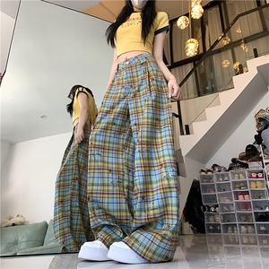 美式撞色格子裤夏薄款拼接阔腿裤子宽松直筒休闲弯刀裤A9010-P42