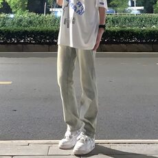 美式高街vibe复古水洗做旧黄泥染拉链开叉牛仔裤男直筒微喇长裤子，男装牛仔裤，星座506A