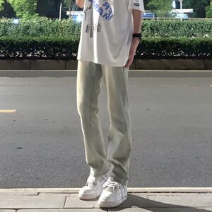 美式高街vibe复古水洗做旧黄泥染拉链开叉牛仔裤男直筒微喇长裤子图片