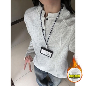 抖音得物品质美式高街重磅曼巴棉拼接cleanfit亨利领卫衣长袖T恤图片