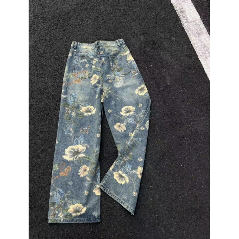 春季新款vintage美式花卉宽松阔腿牛仔裤复古着男拖地GJ165P60,男装牛仔裤,电商D256-1(原A064-1)